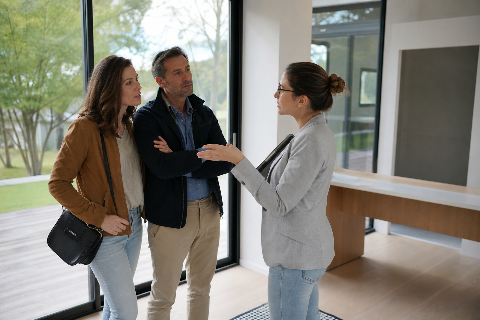 Agent immobilier montrant une maison à un couple