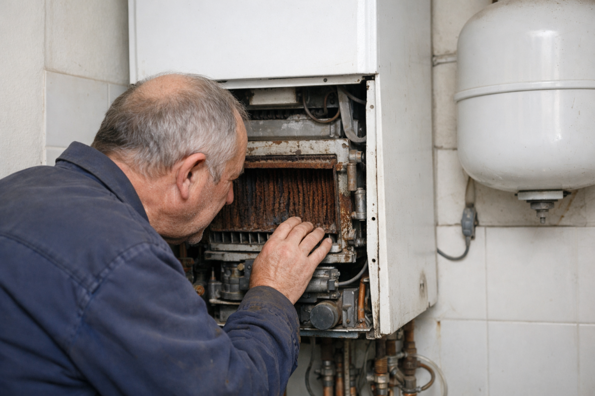 Chaudière gaz ancienne montrant signes d'usure après 15 ans d'utilisation avec baisse de rendement énergétique