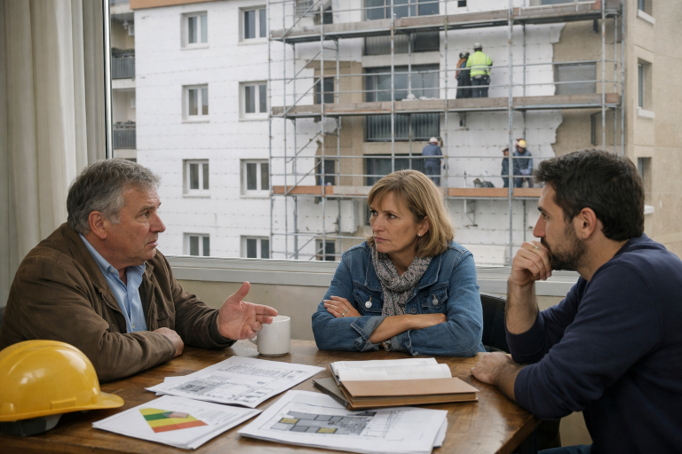 Quatre personnes discutent de plans devant immeuble en chantier