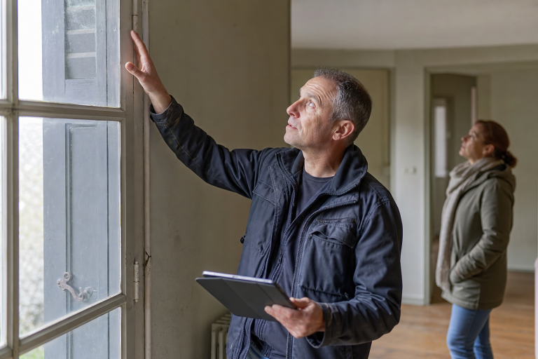 Homme tenant une tablette inspectant une fenêtre