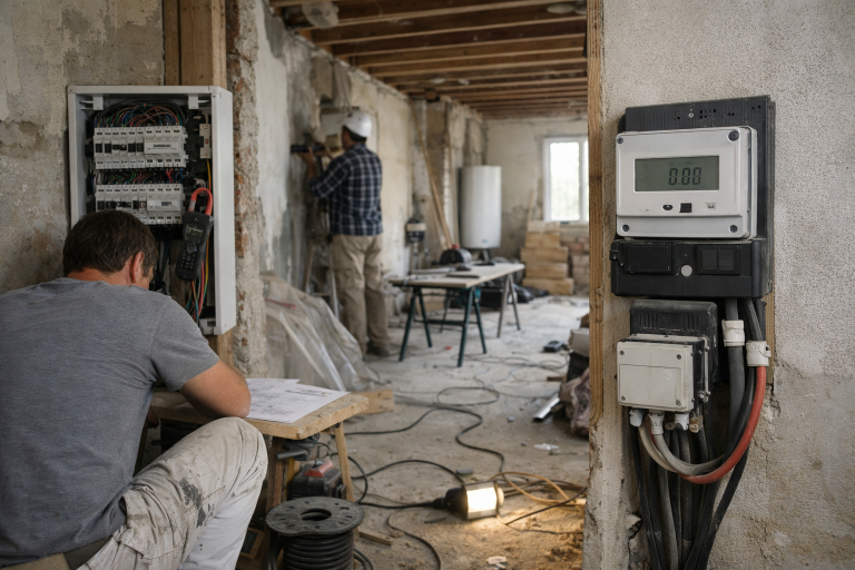 Intérieur en rénovation avec outils et ouvriers