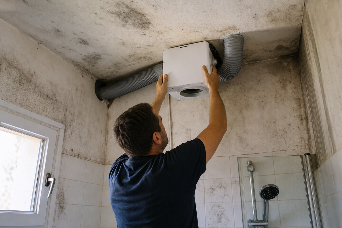 Homme installant un chauffe-eau mural dans une salle de bains