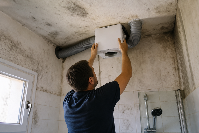 Homme installant un chauffe-eau mural dans une salle de bains