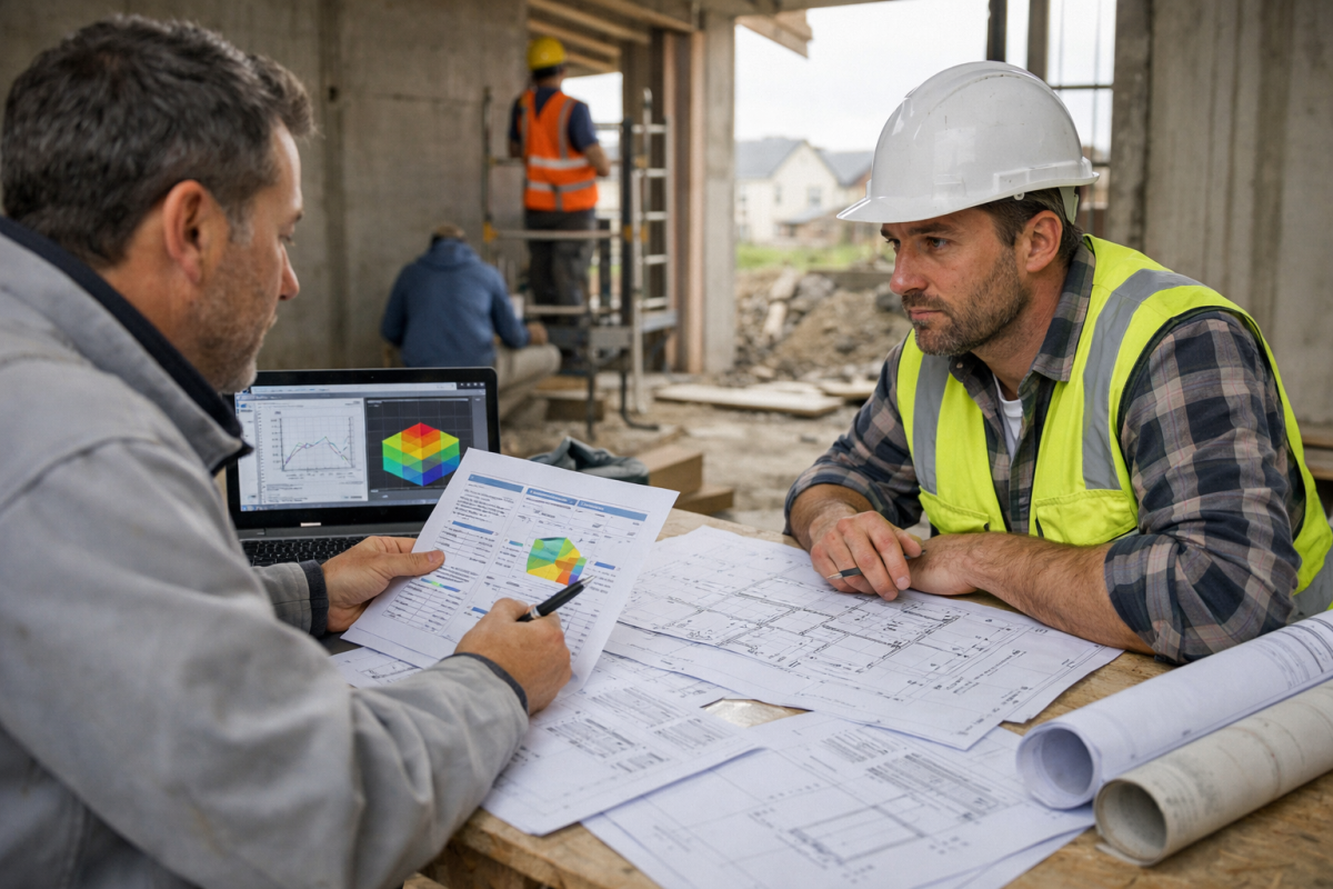 Deux ouvriers en casque consultant des plans