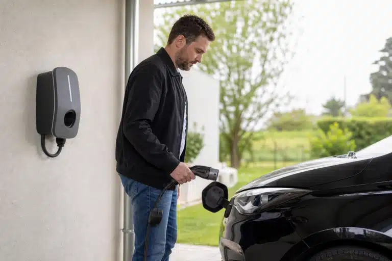 Homme branchant un câble de recharge sur une voiture électrique