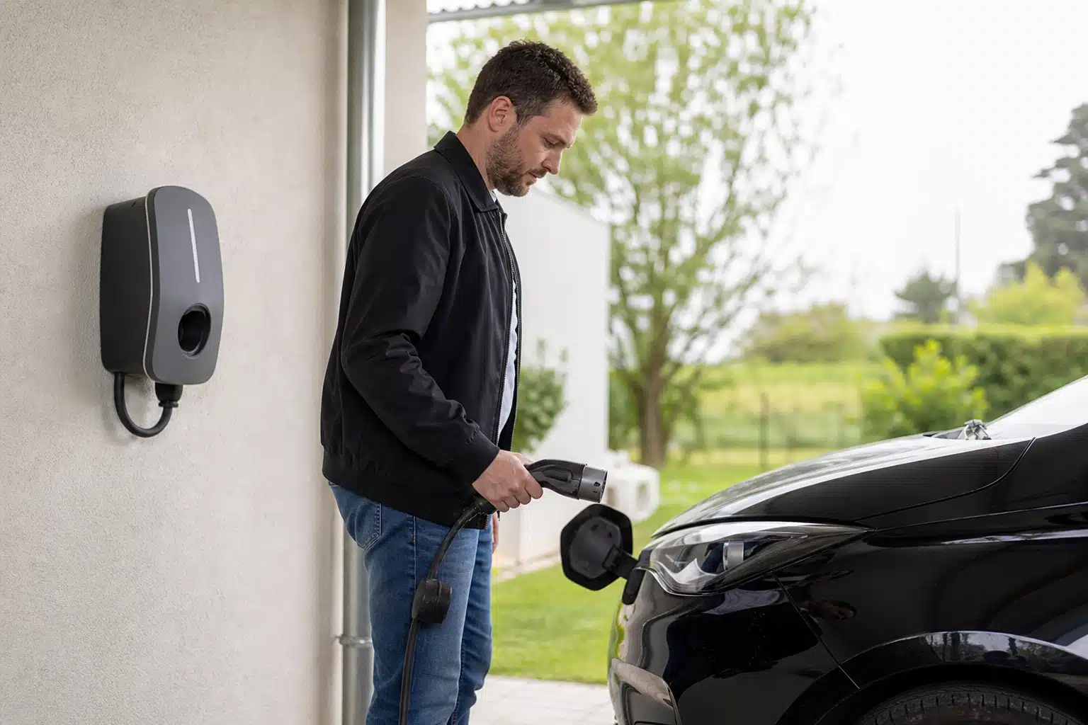 Homme branchant un câble de recharge sur une voiture électrique