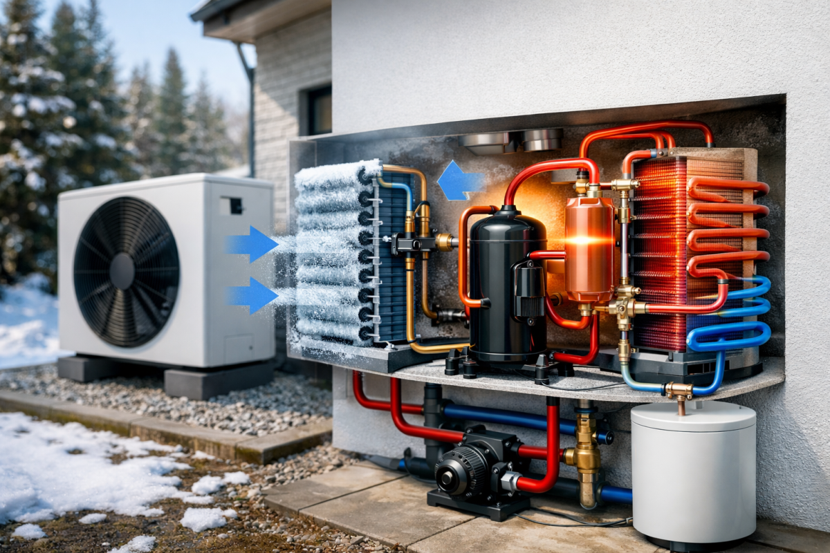 Pompe à chaleur air-eau installée en extérieur captant les calories de l'air pour chauffer un logement