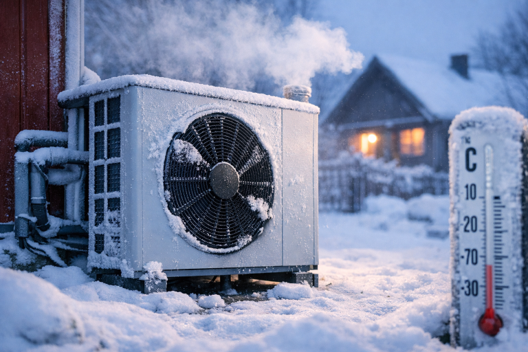 Pompe à chaleur air-eau en période de grand froid montrant ses limites de performance sous -7°C